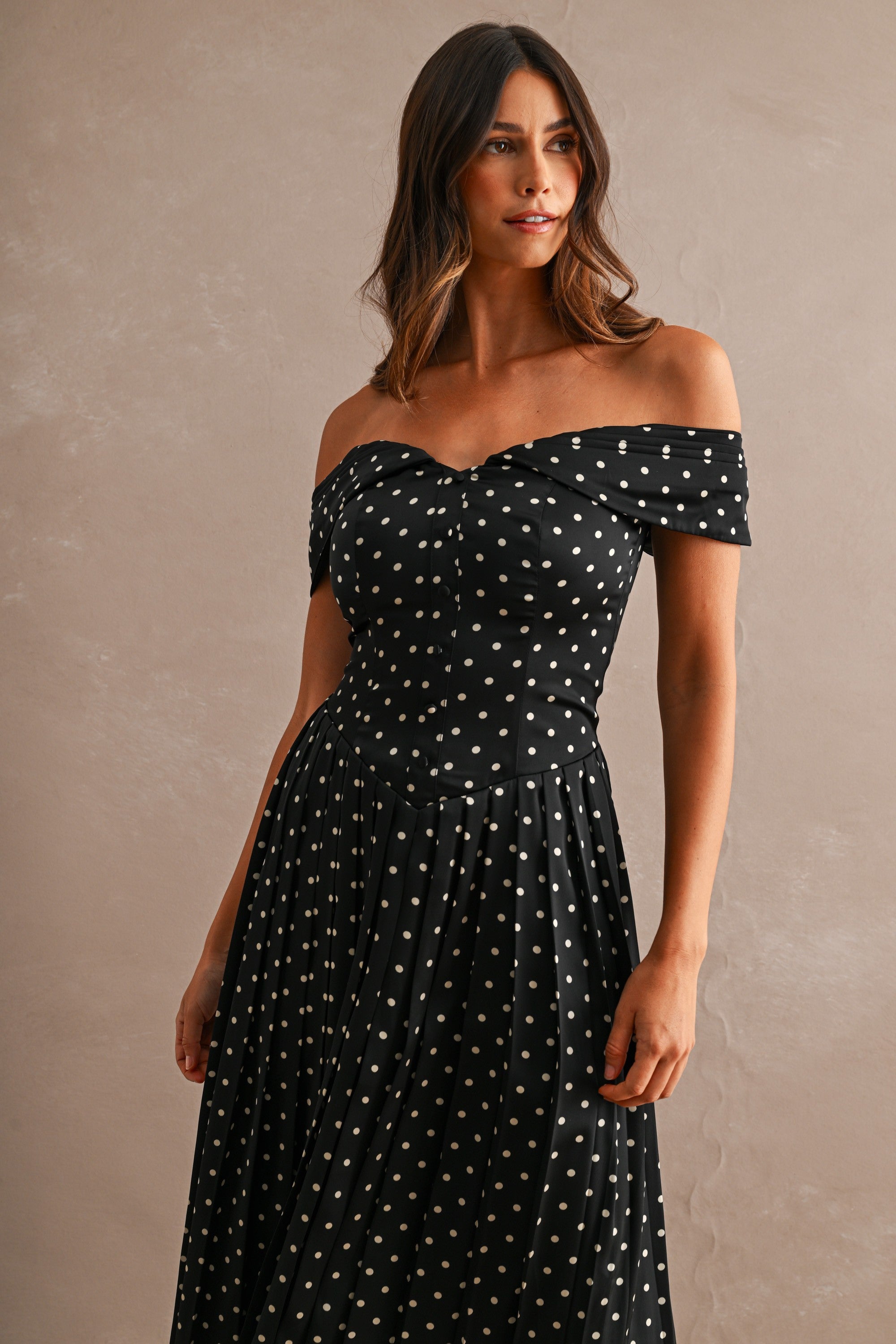 Maeve Polka Dot Midi Dress - Black