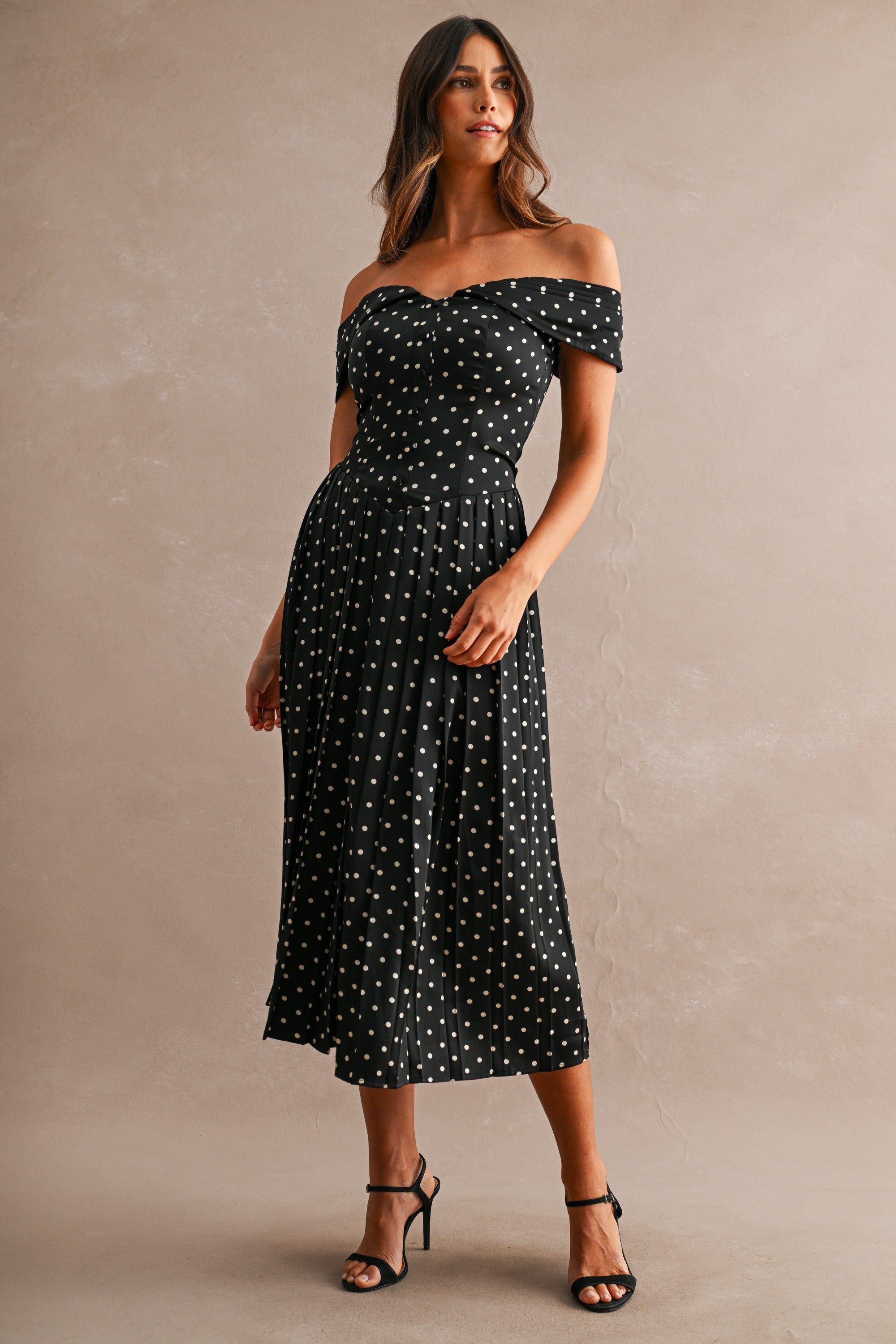 Maeve Polka Dot Midi Dress - Black