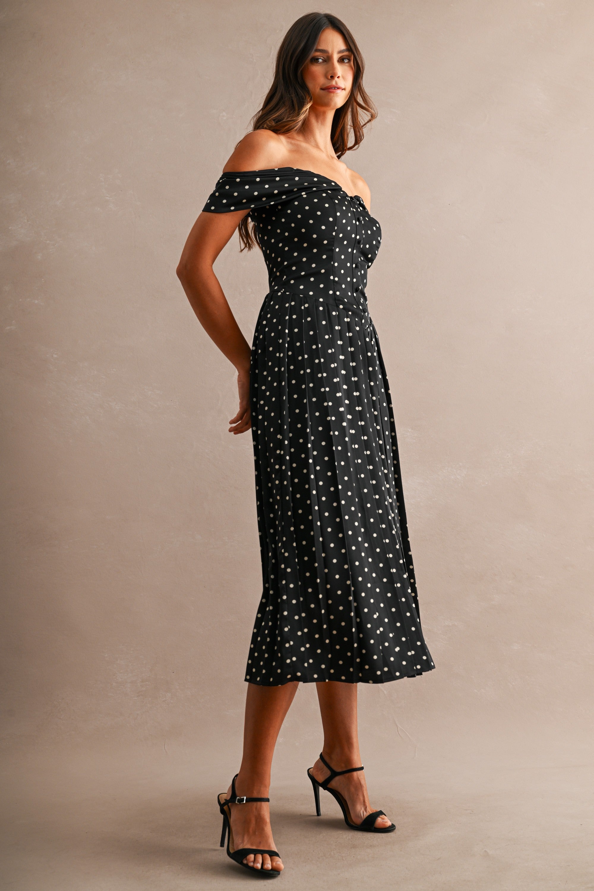 Maeve Polka Dot Midi Dress - Black