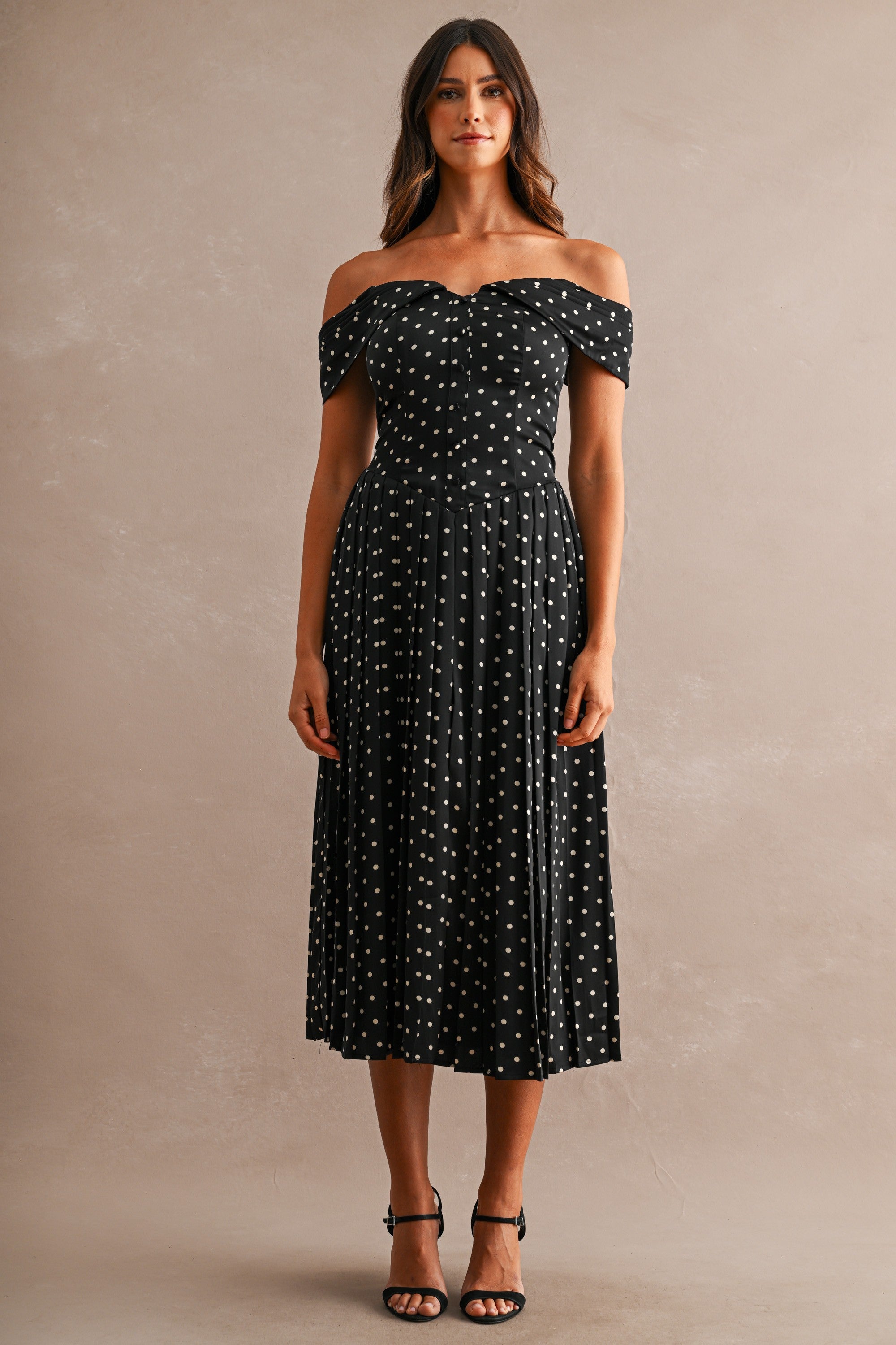 Maeve Polka Dot Midi Dress - Black