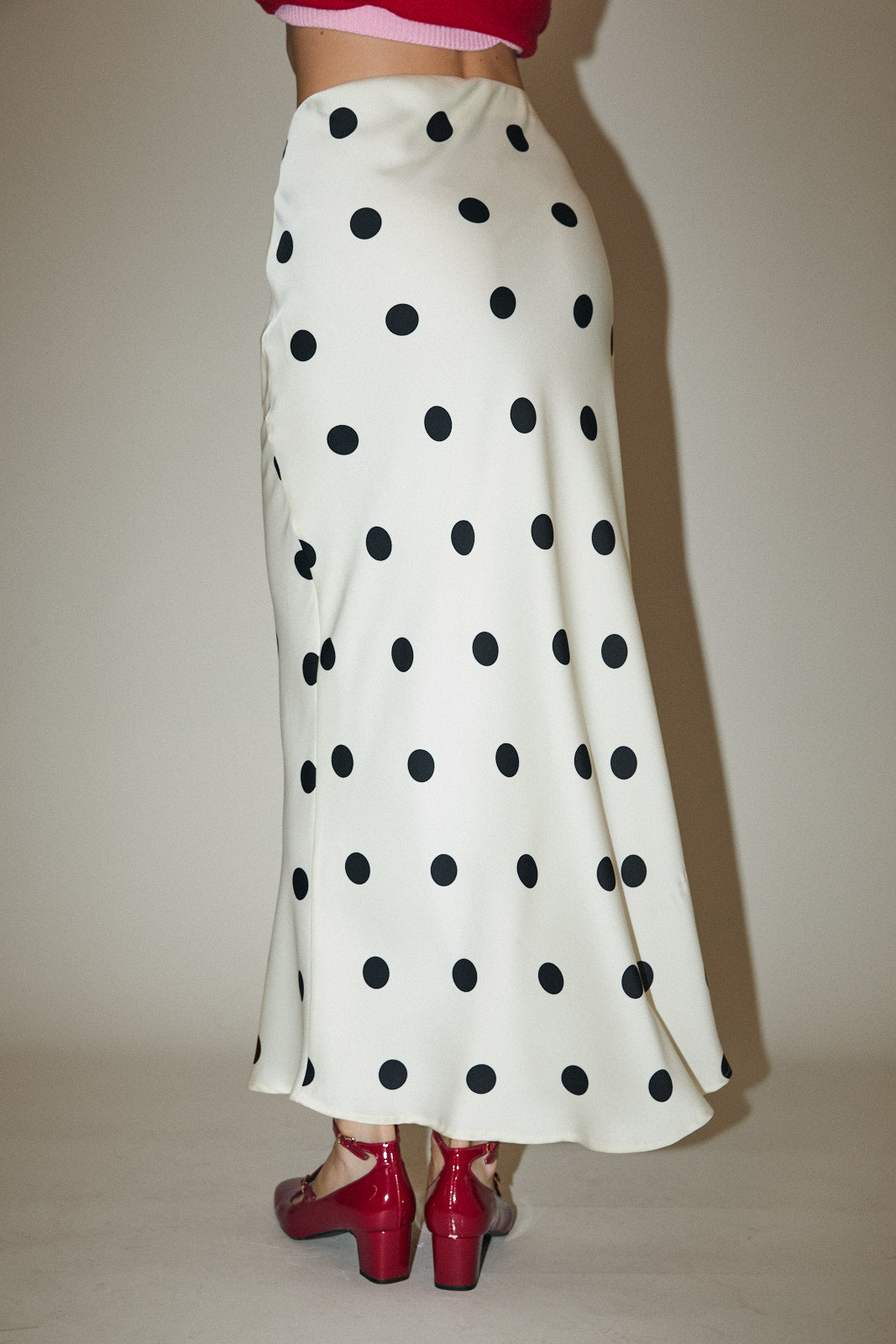 Polka Dot Satin Midi Skirt - White