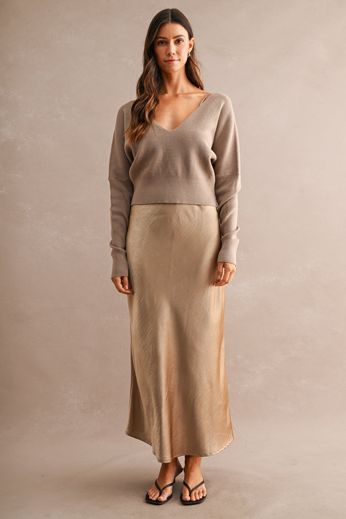 V Neck Sweater Top And Satin Midi Dress Set