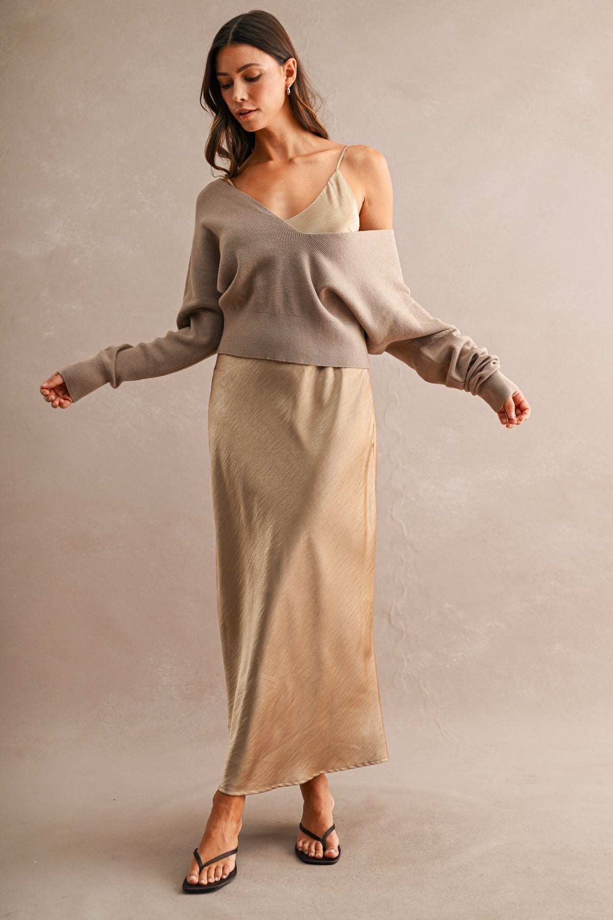 V Neck Sweater Top And Satin Midi Dress Set