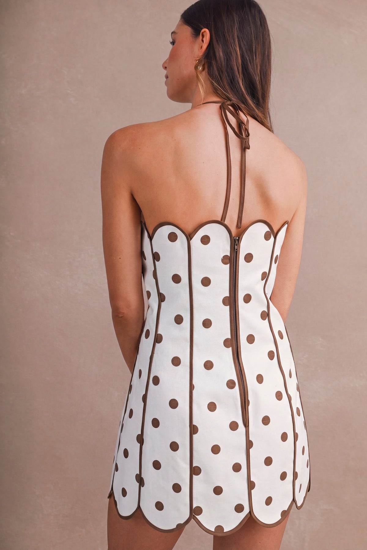 Polka Dot Halter Scallop Mini Dress - Brown