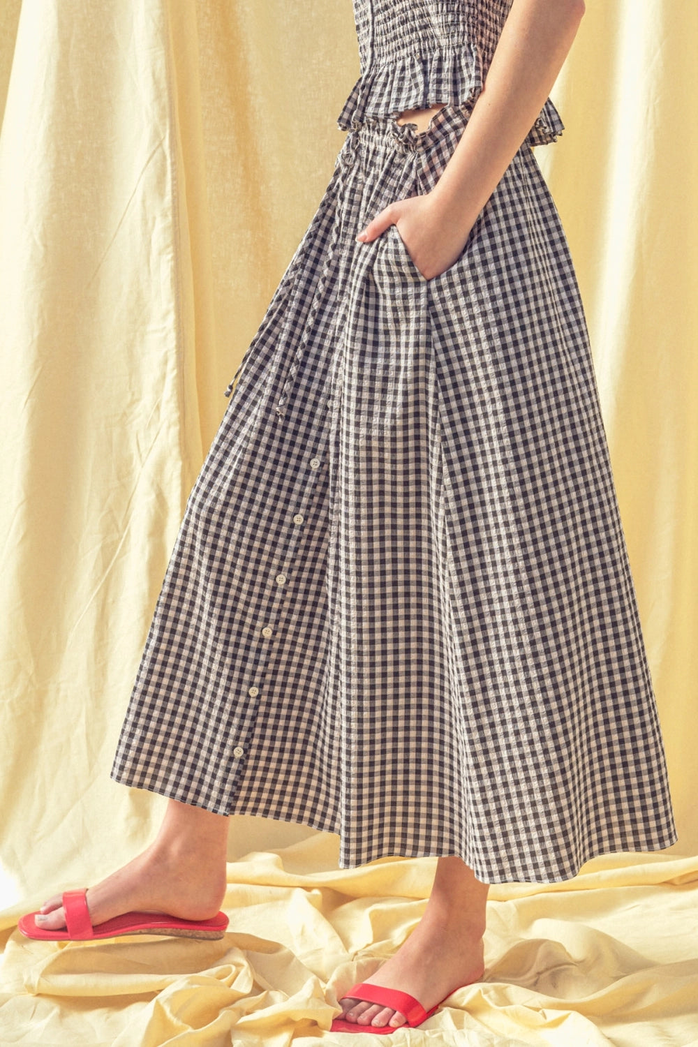 Gingham Button Down Maxi Skirt - Black