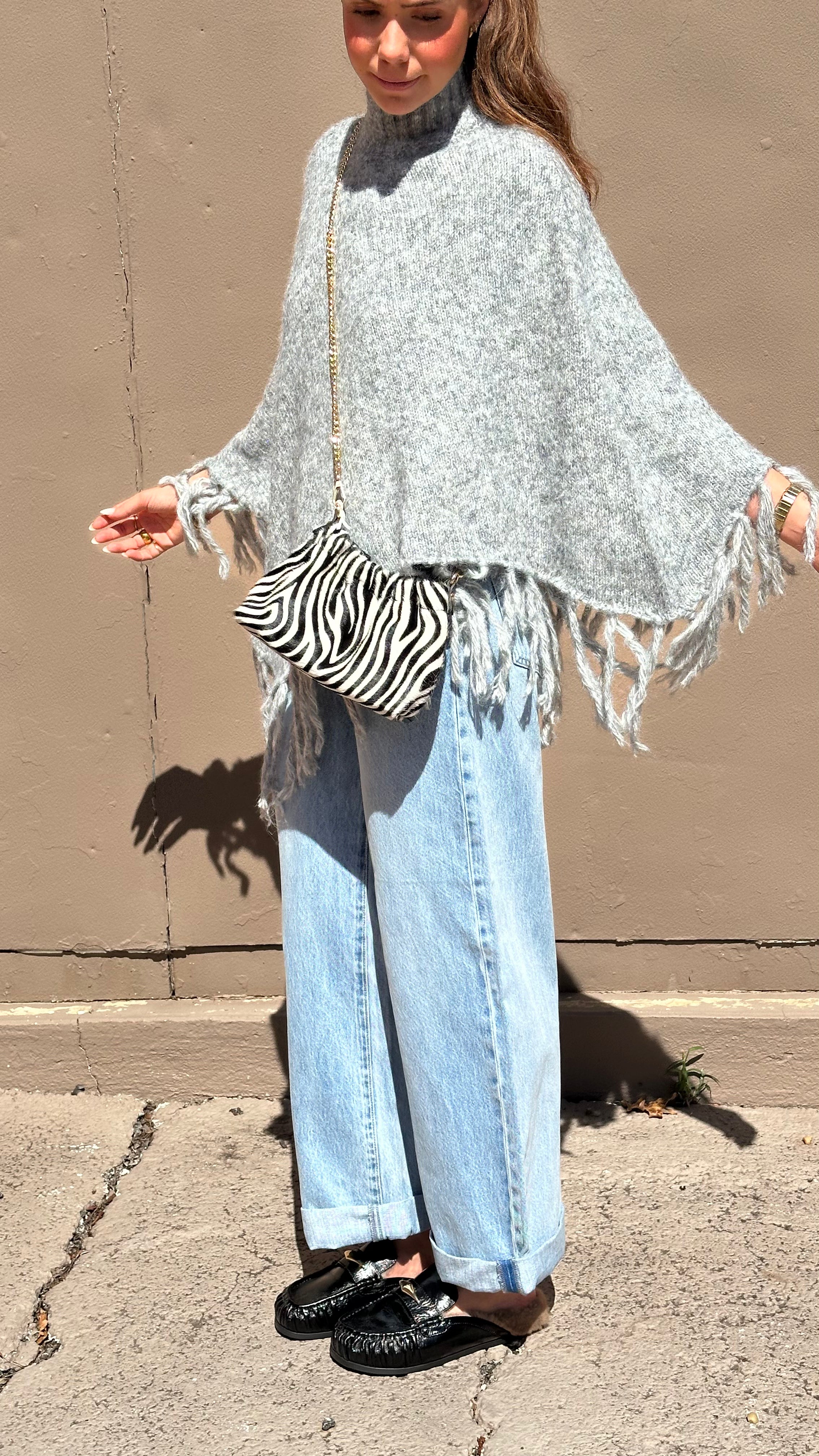 Fringe Poncho - Grey