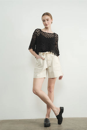 Vintage Washed Barrel Denim Shorts - Cream