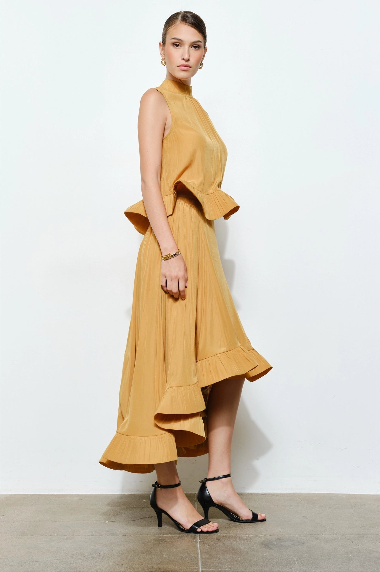 Ruffled High-Low Midi Skirt - Mustard