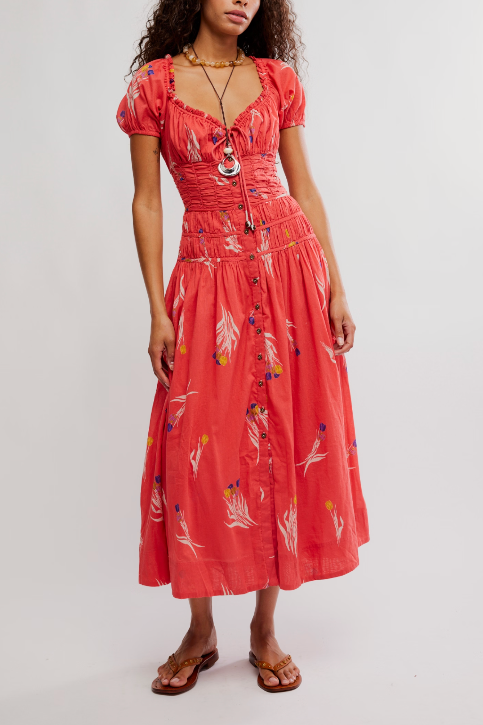 Free People Complete Me Midi Dress - Coral Combo