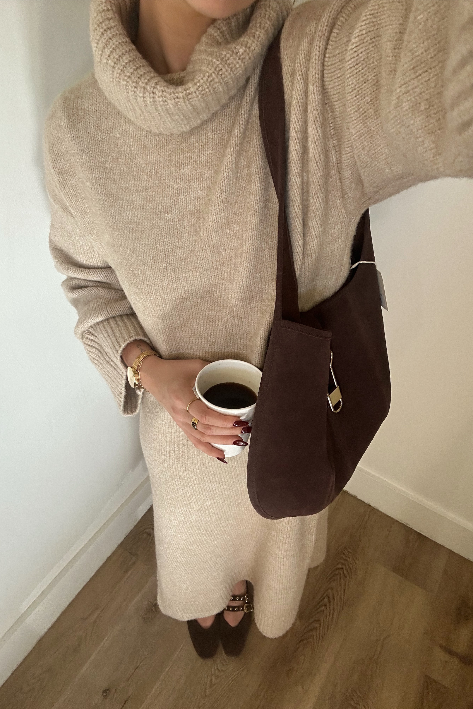 Cowl Neck Midi Sweater Dress - Sand