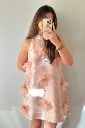 Satin Rhinestone Floral Mini Dress - Pink