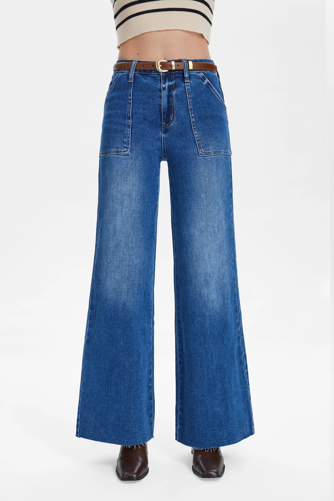 Utility Patch Pocket Wide Leg Jeans - Dark Indigo