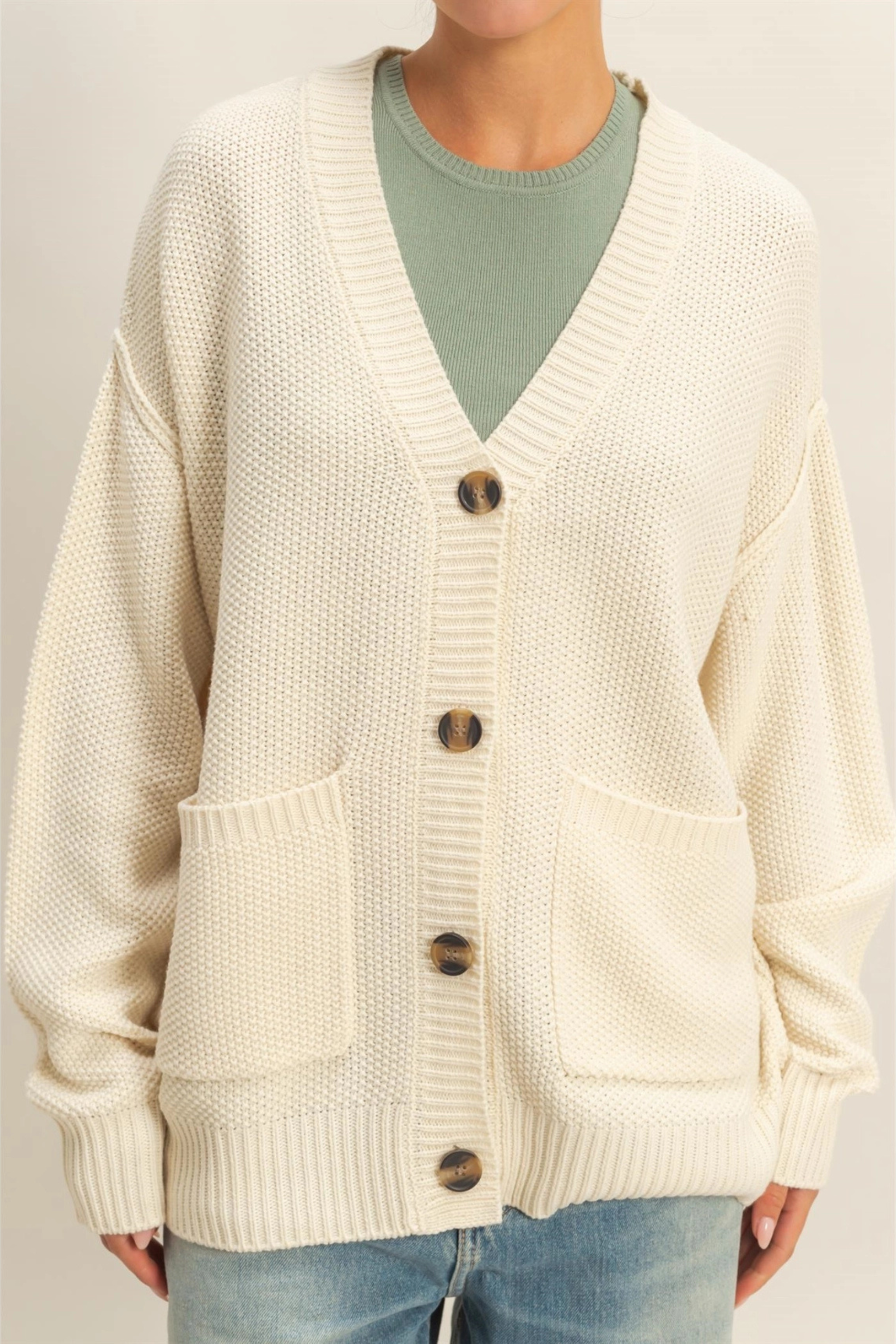 Button-Front Oversized Cardigan - Cream