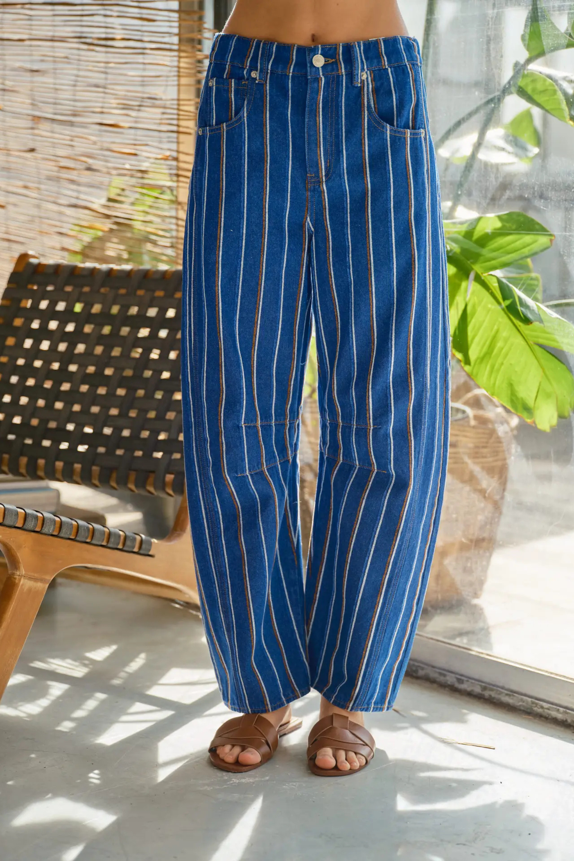 Striped Denim Barrel Pants - Blue