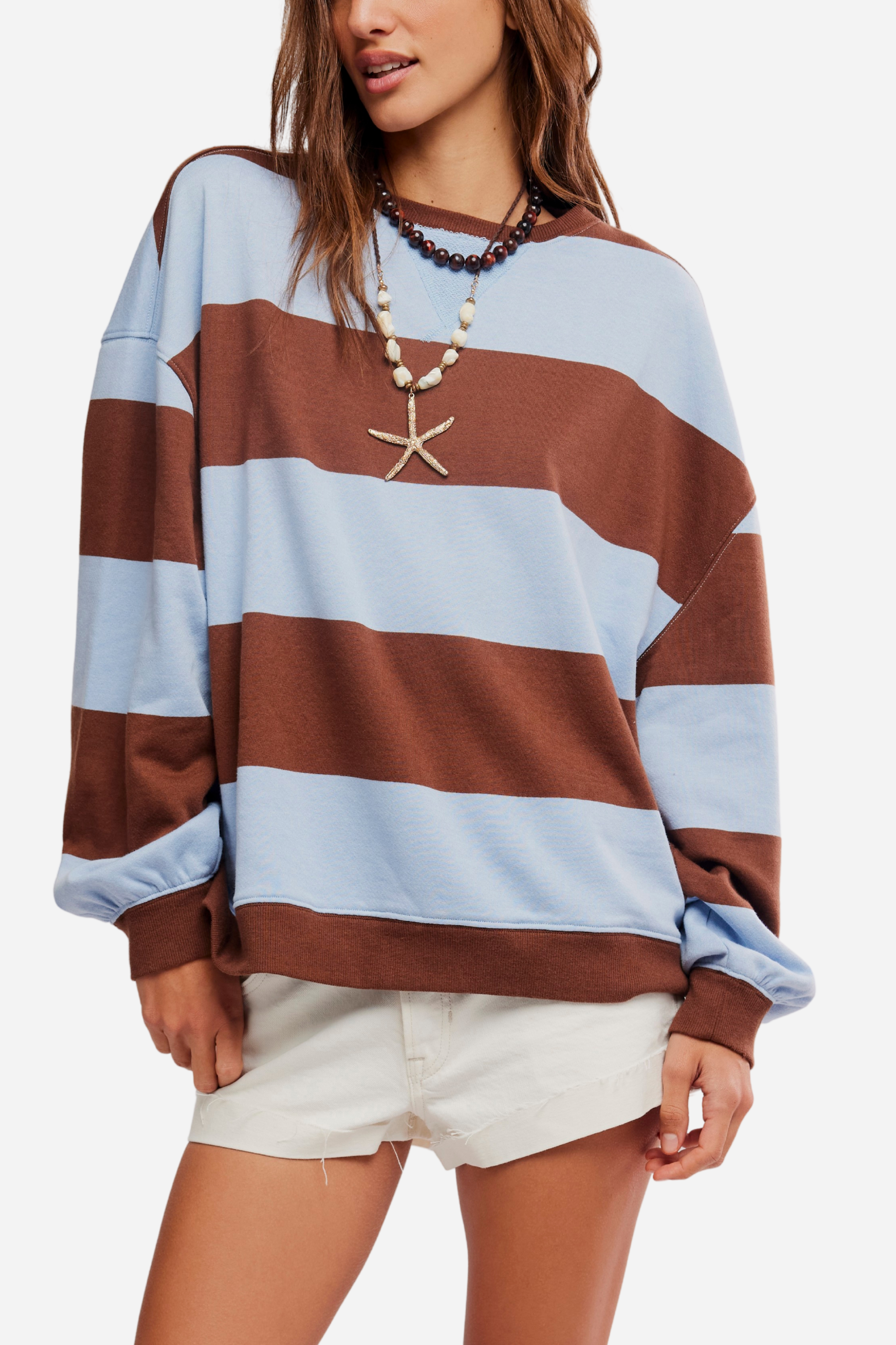Free People - Classic Striped Oversized Crewneck - Periwinkle Combo
