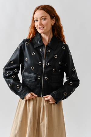 Grommet Faux Leather Jacket - Black