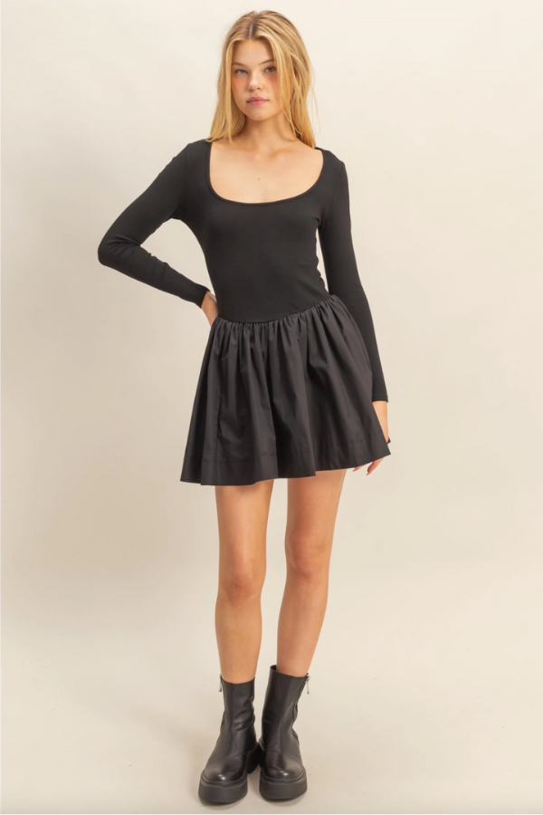 Mixed Media Scoop Neck Mini Dress - Black