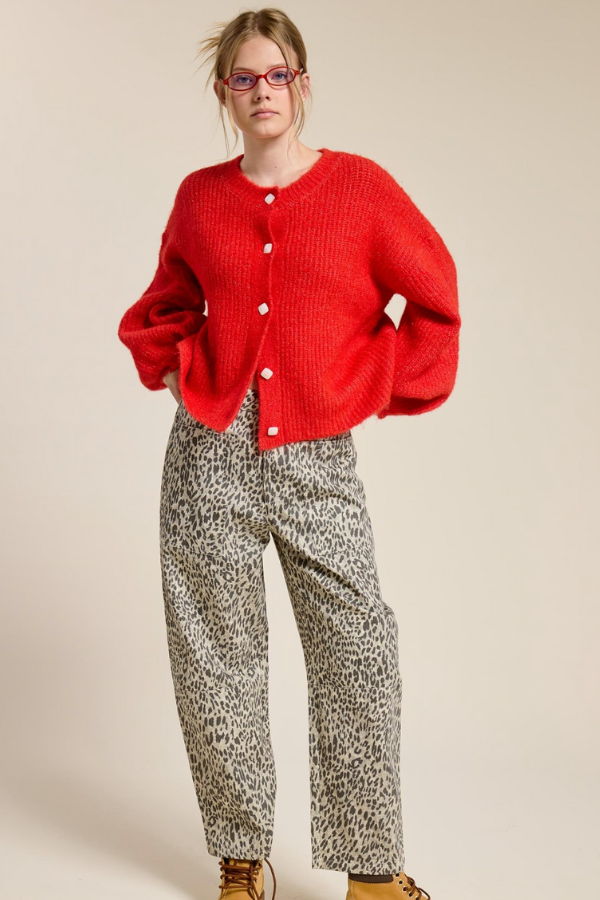 Balloon Sleeve Knit Cardigan - Scarlet