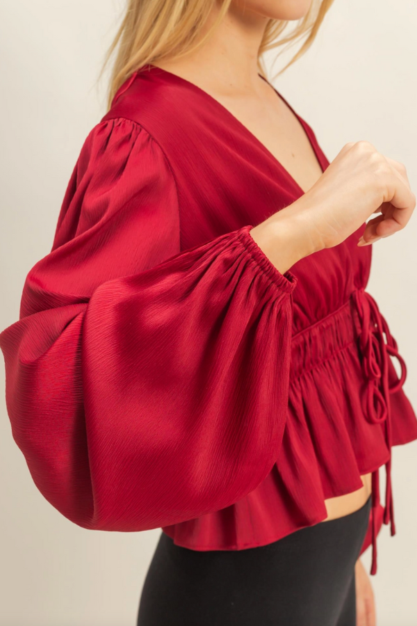 Deep V Peasant Blouse - Burgundy