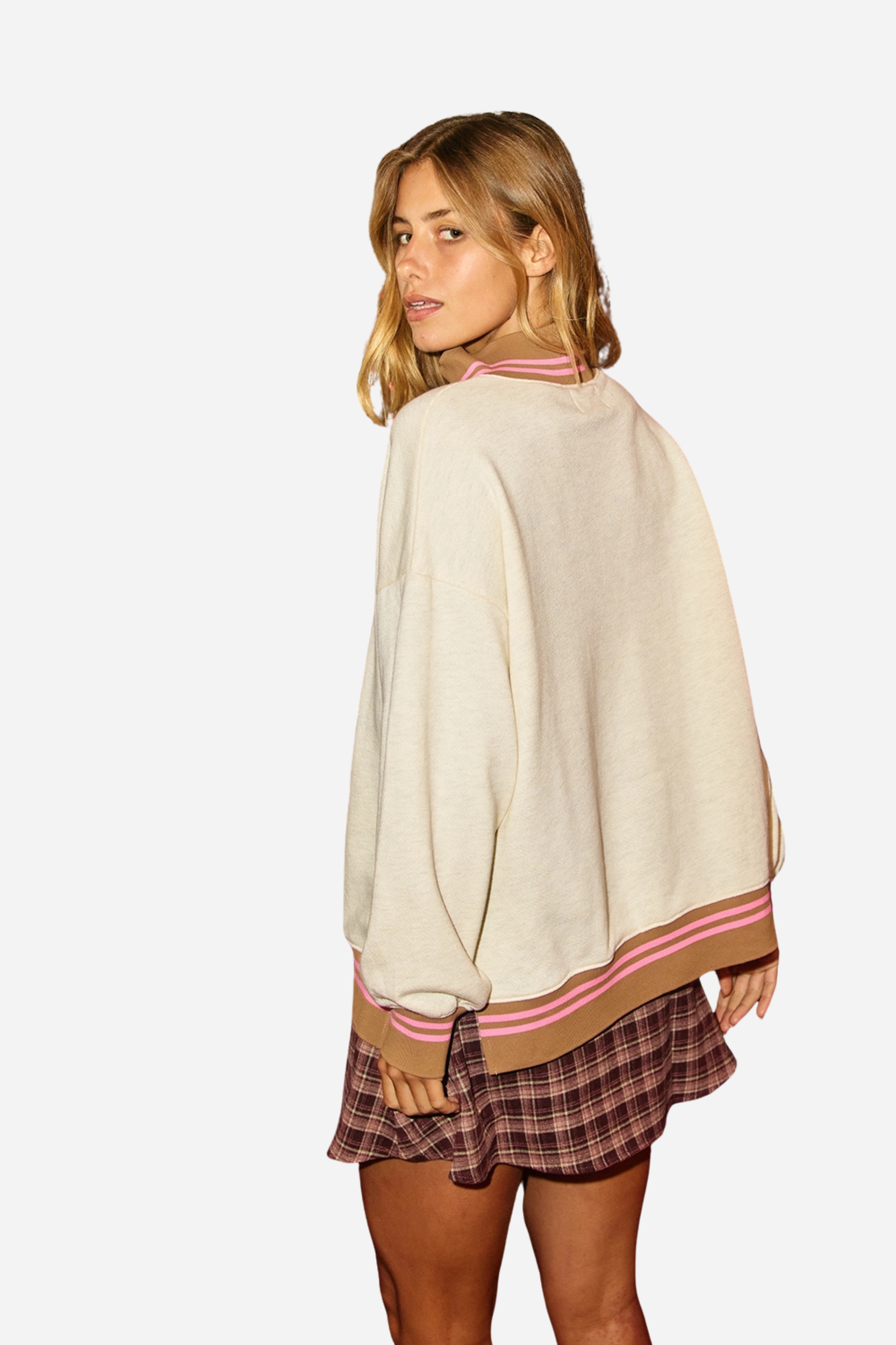 Mock Neck Sweatshirt Top - Brown Pink Striped
