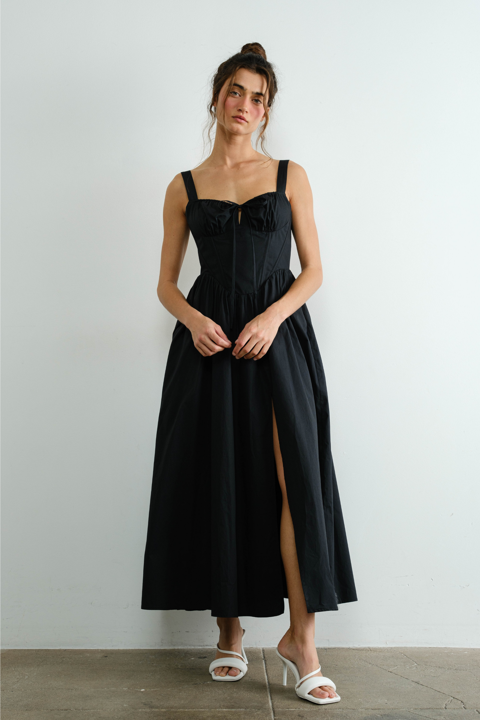 Poplin Ribbon Tie Maxi Dress - Black