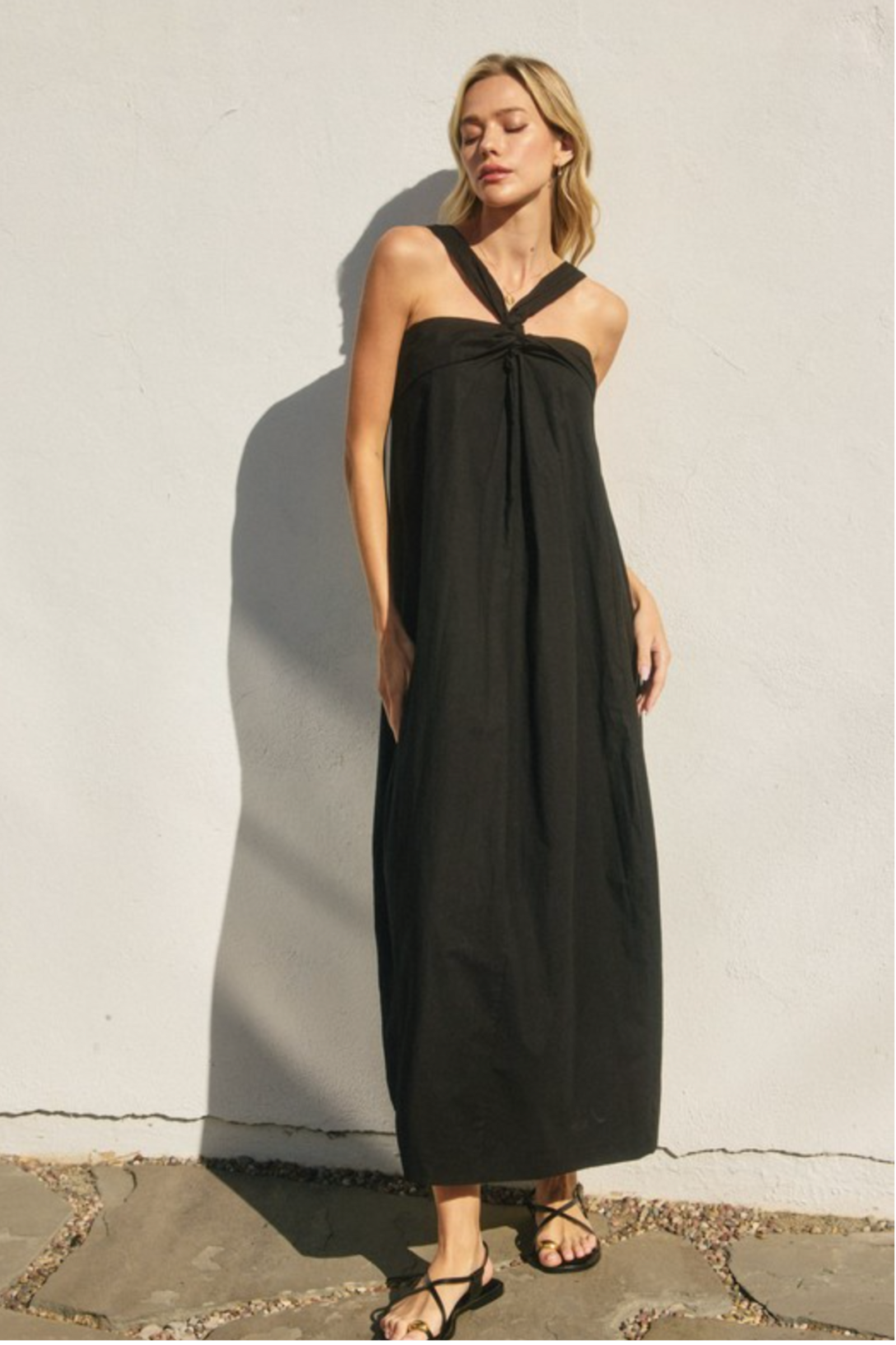 Cotton Halter Neck Maxi Dress - Black