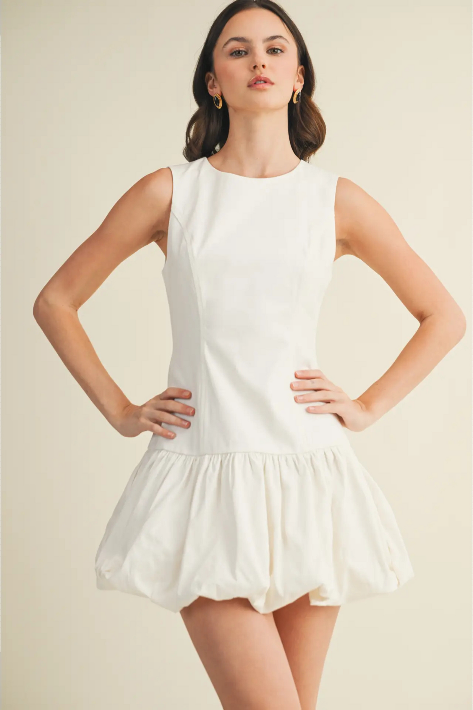 Balloon Hem Mini Dress - White