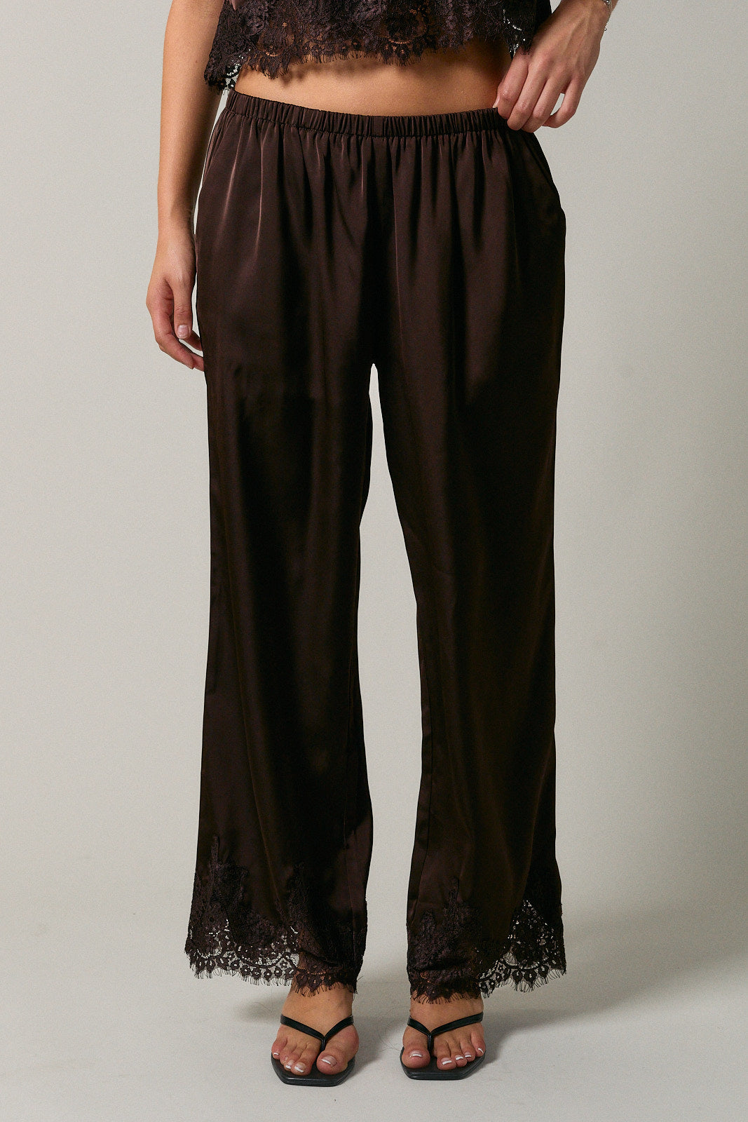 Satin Lace Trim Pants - Brown