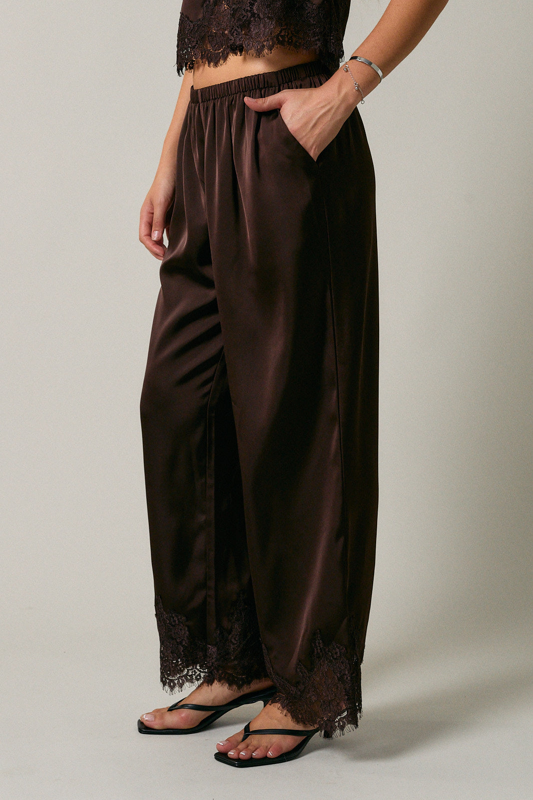 Satin Lace Trim Pants - Brown