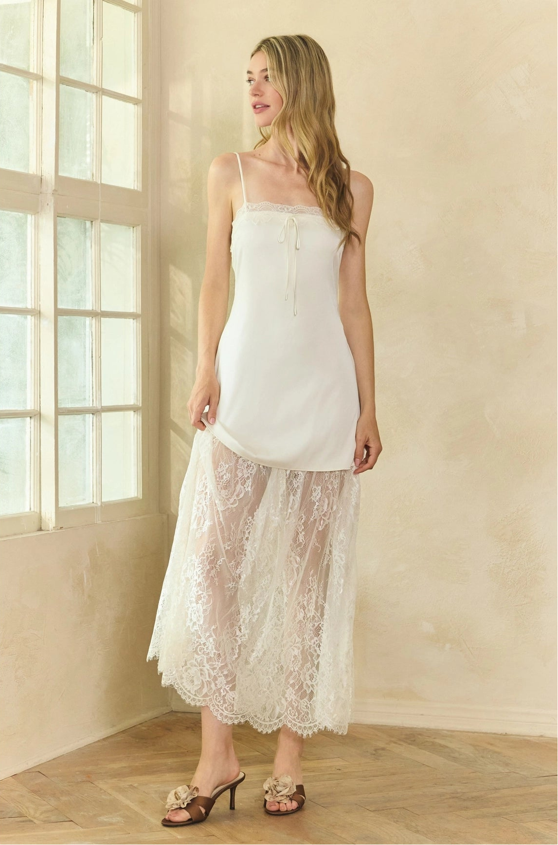 Lace Trim Satin Maxi Slip Dress - White