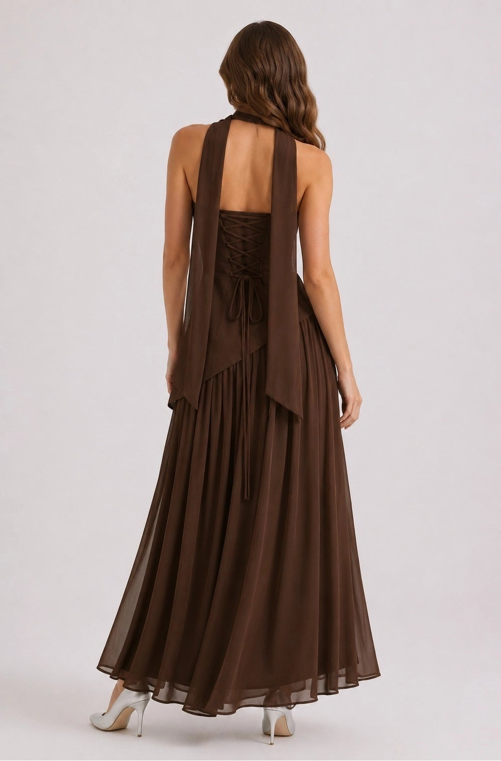 Strapless Lace Up Maxi Dress - Brown