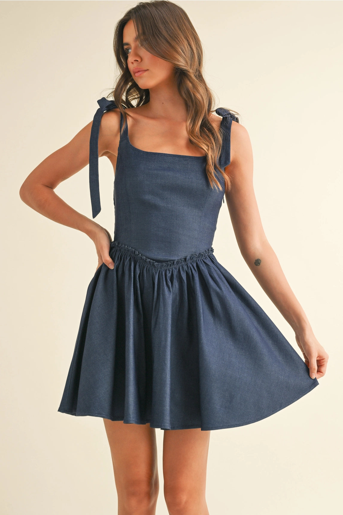 Lace Up Flared Mini Dress - Dark Blue