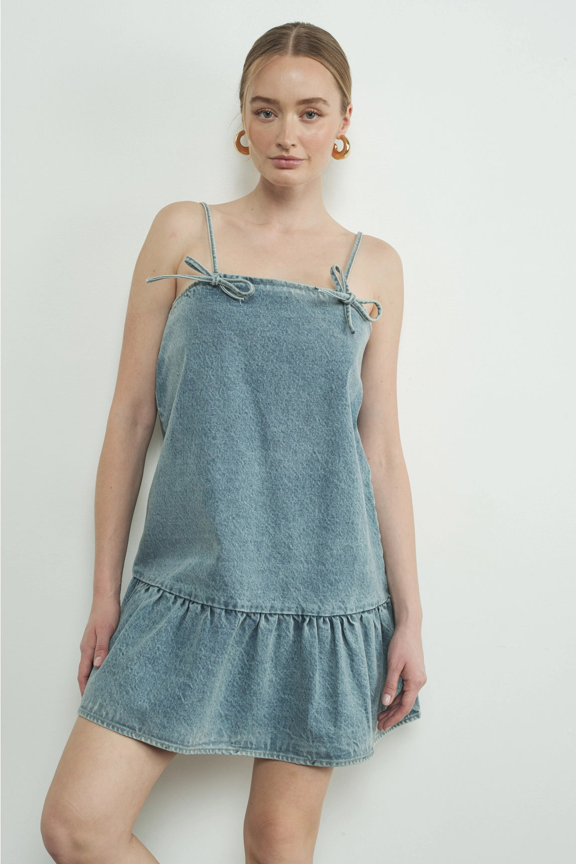 Ribbon Tied Denim Mini Dress