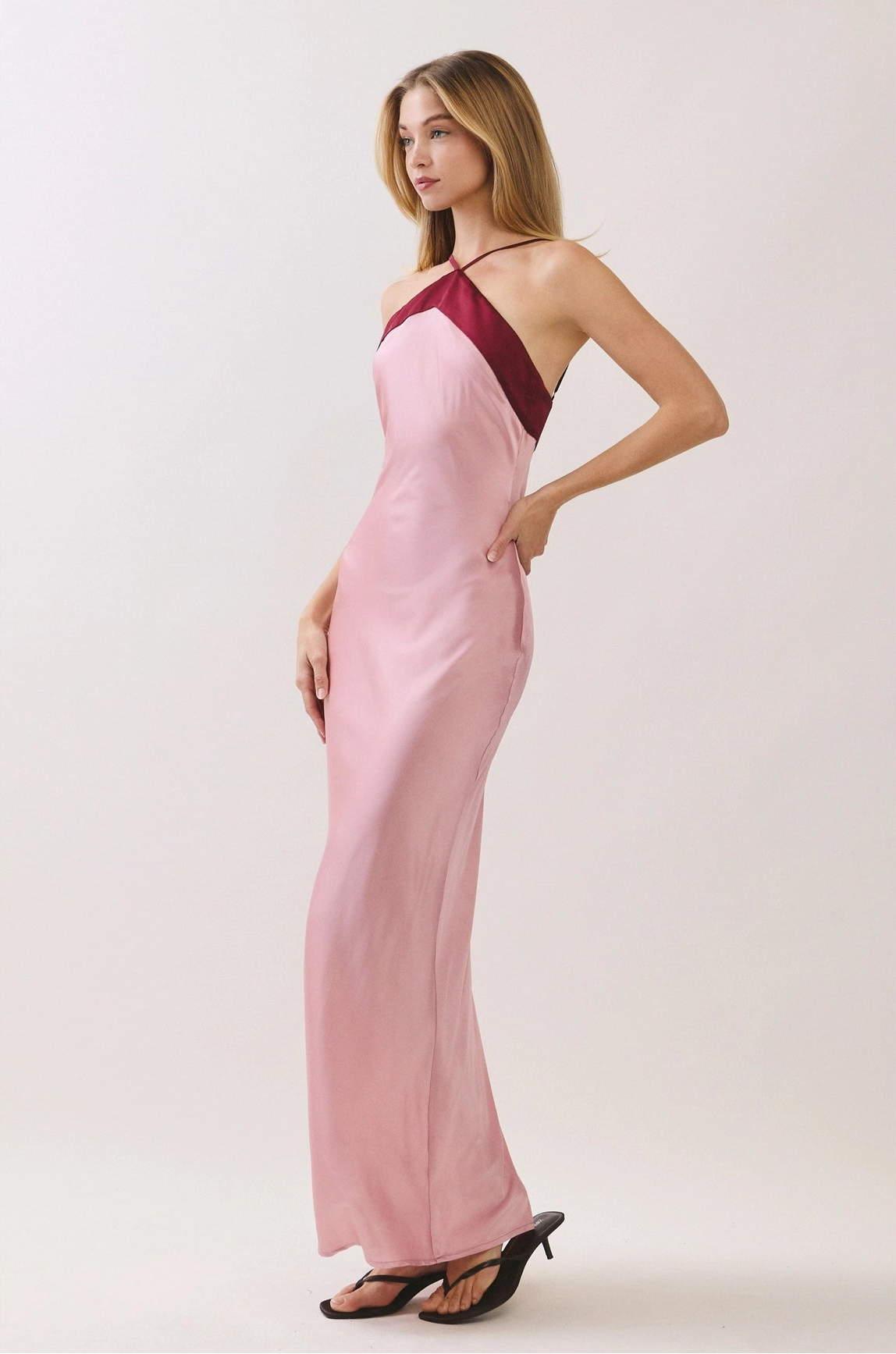Colorblock Satin Halter Maxi Dress - Pink