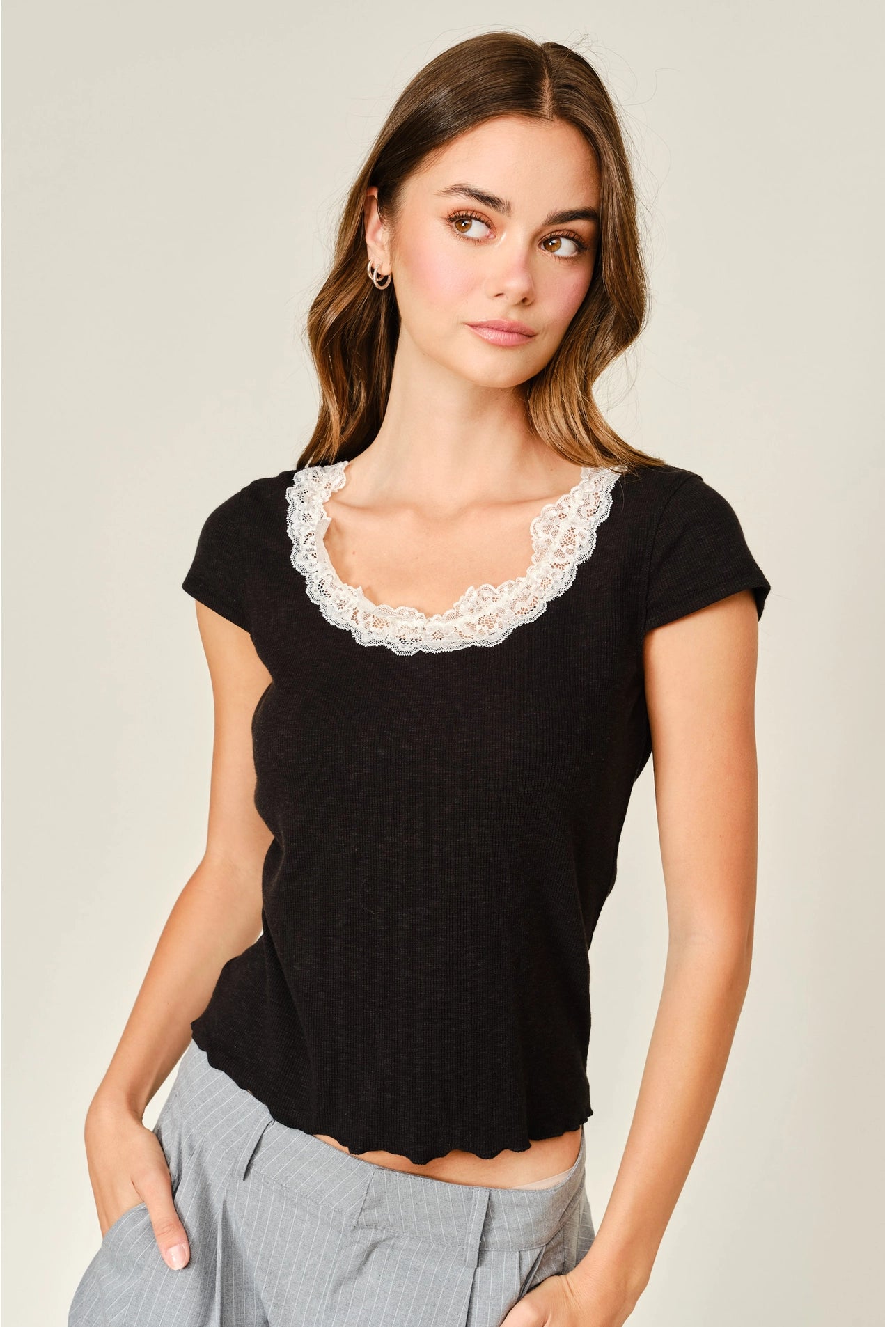Lace Trim Short Sleeve Top