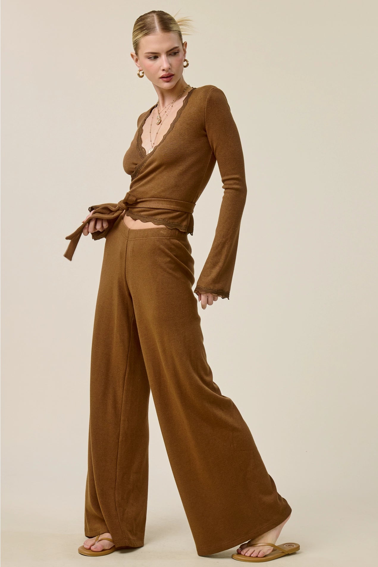 Scallop Wrap Top & Pants Set - Walnut