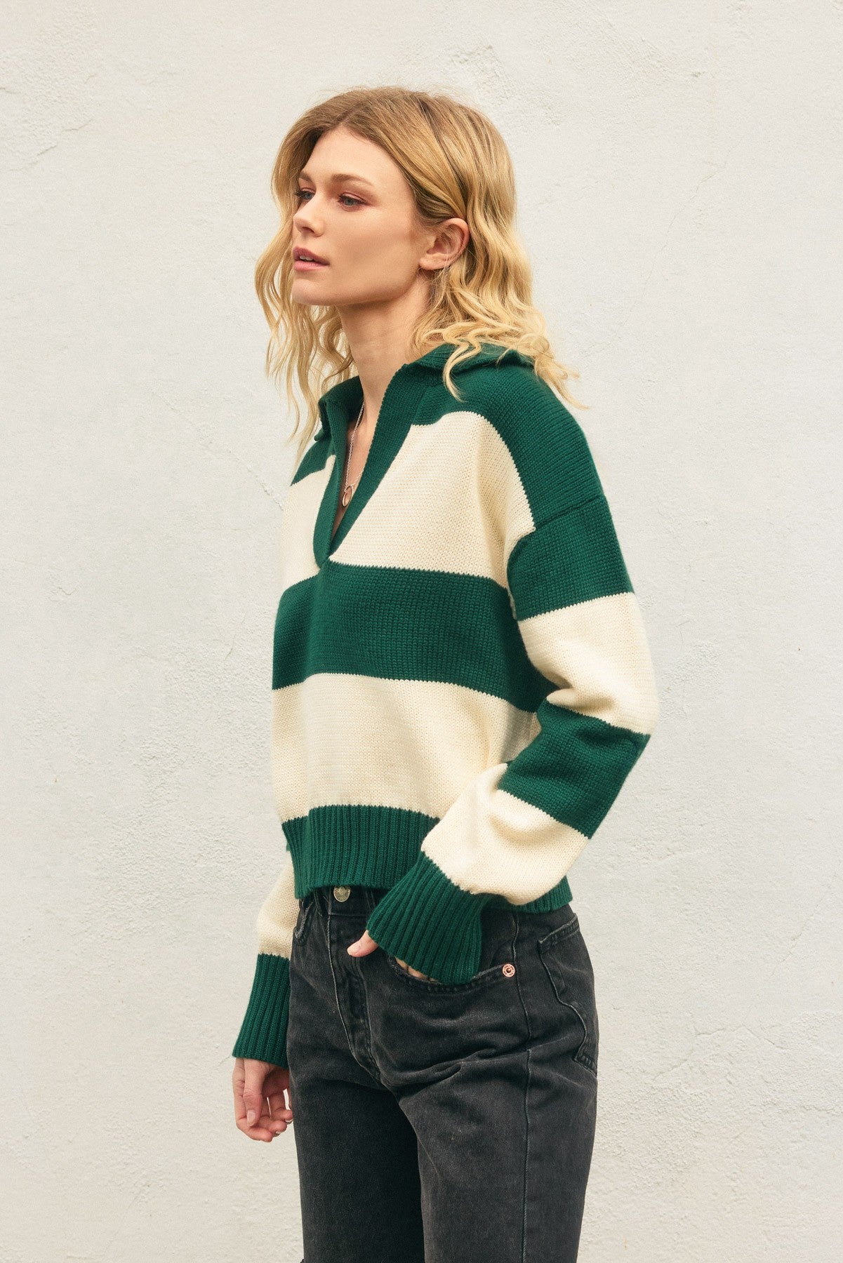 Polo Stripe Collared Sweater - Green