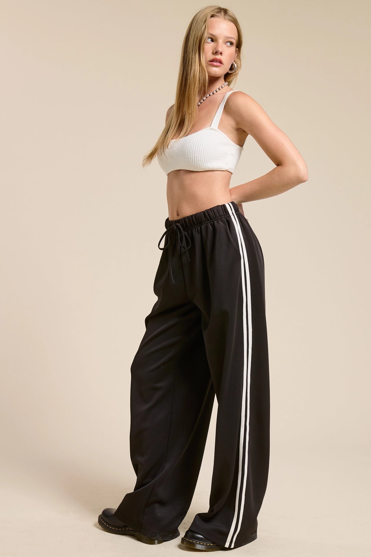 Wide Leg Satin Track Pants - Black