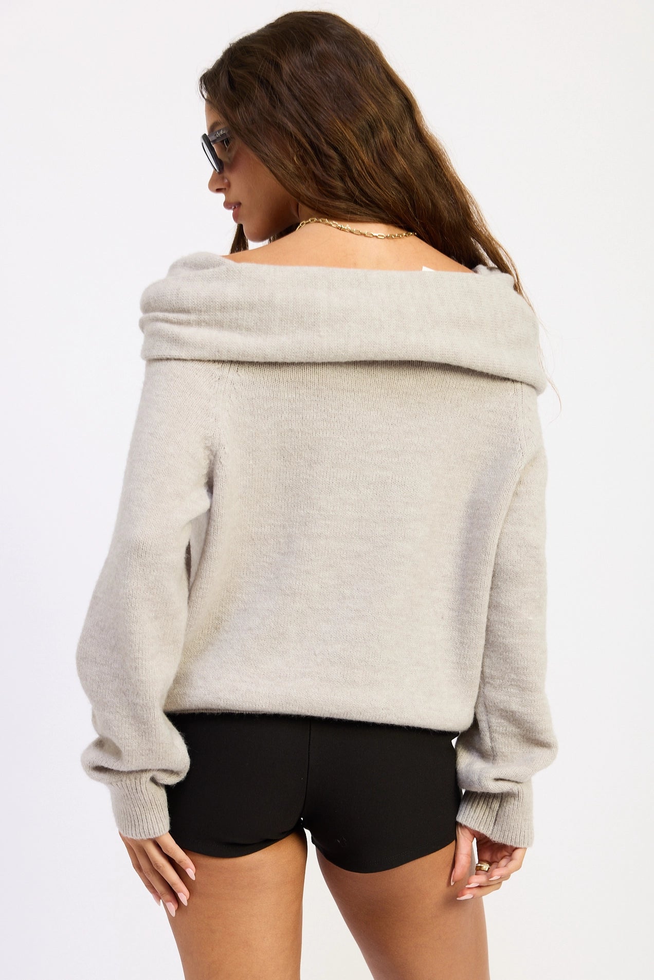 Off Shoulder Bubble Hem Sweater - Grey