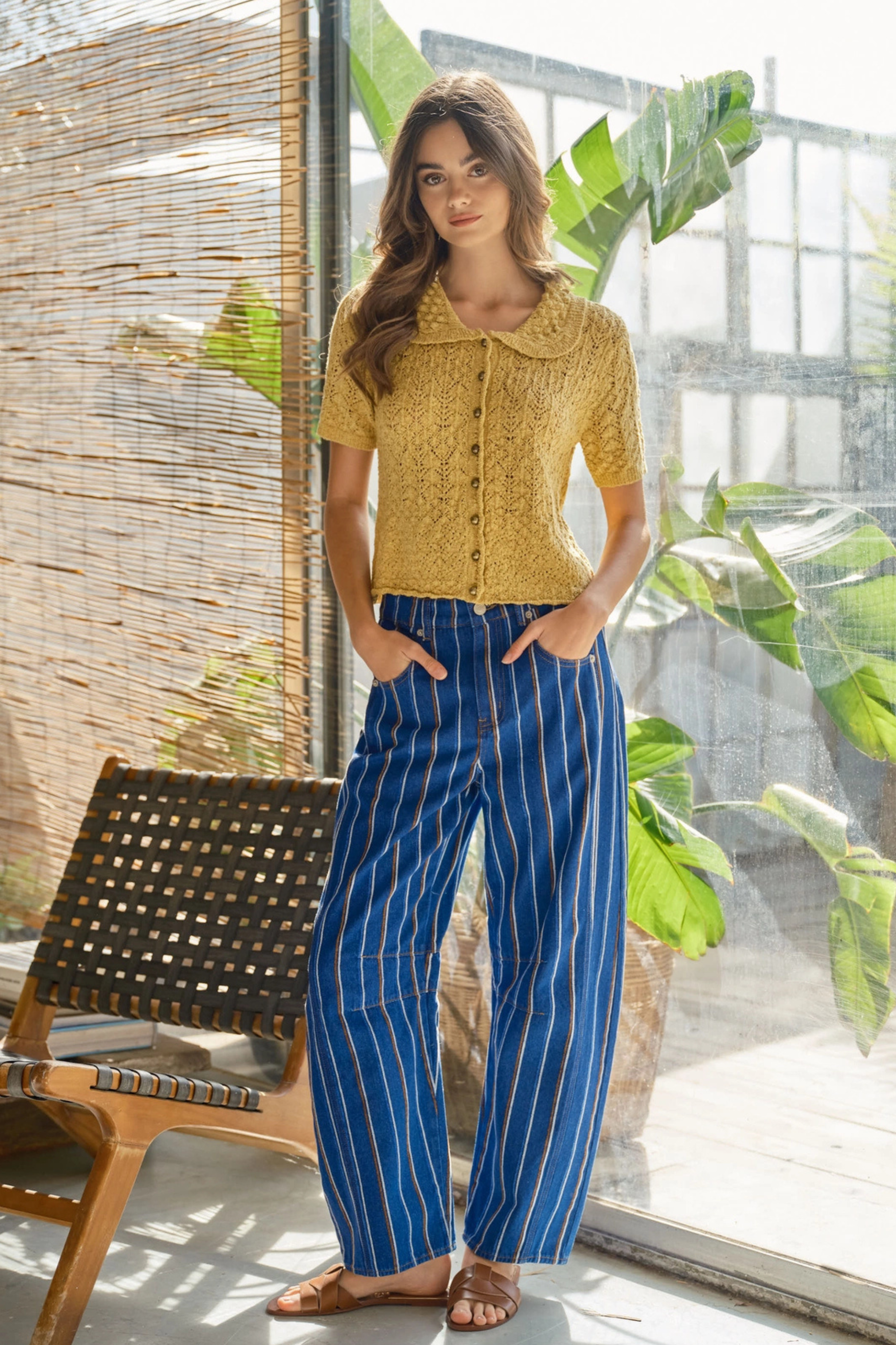 Striped Denim Barrel Pants - Blue