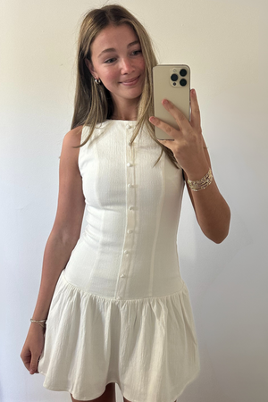 Stretchy Linen Drop Waist Mini Dress - White