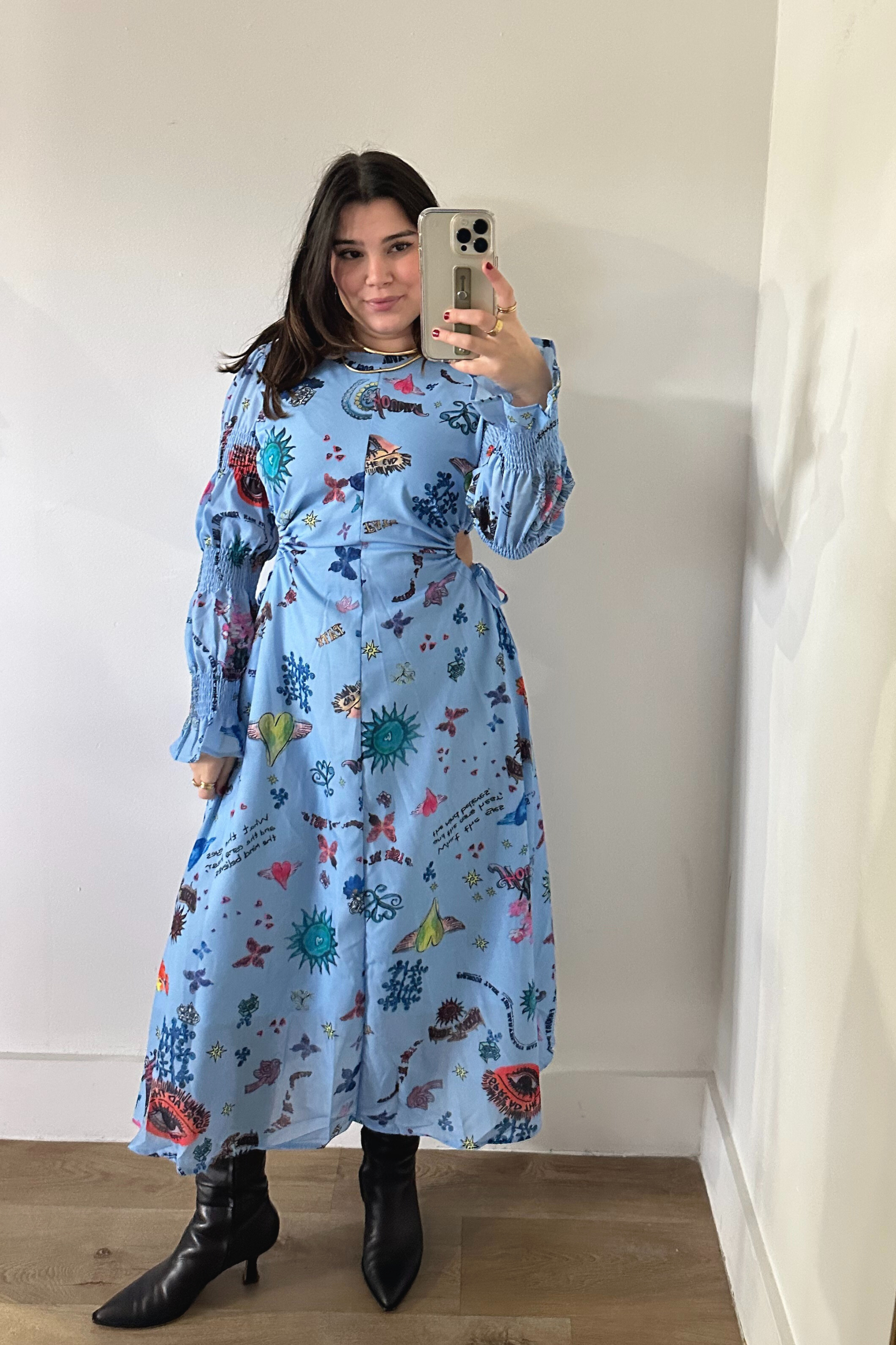 Graffiti Balloon Sleeve Maxi Dress