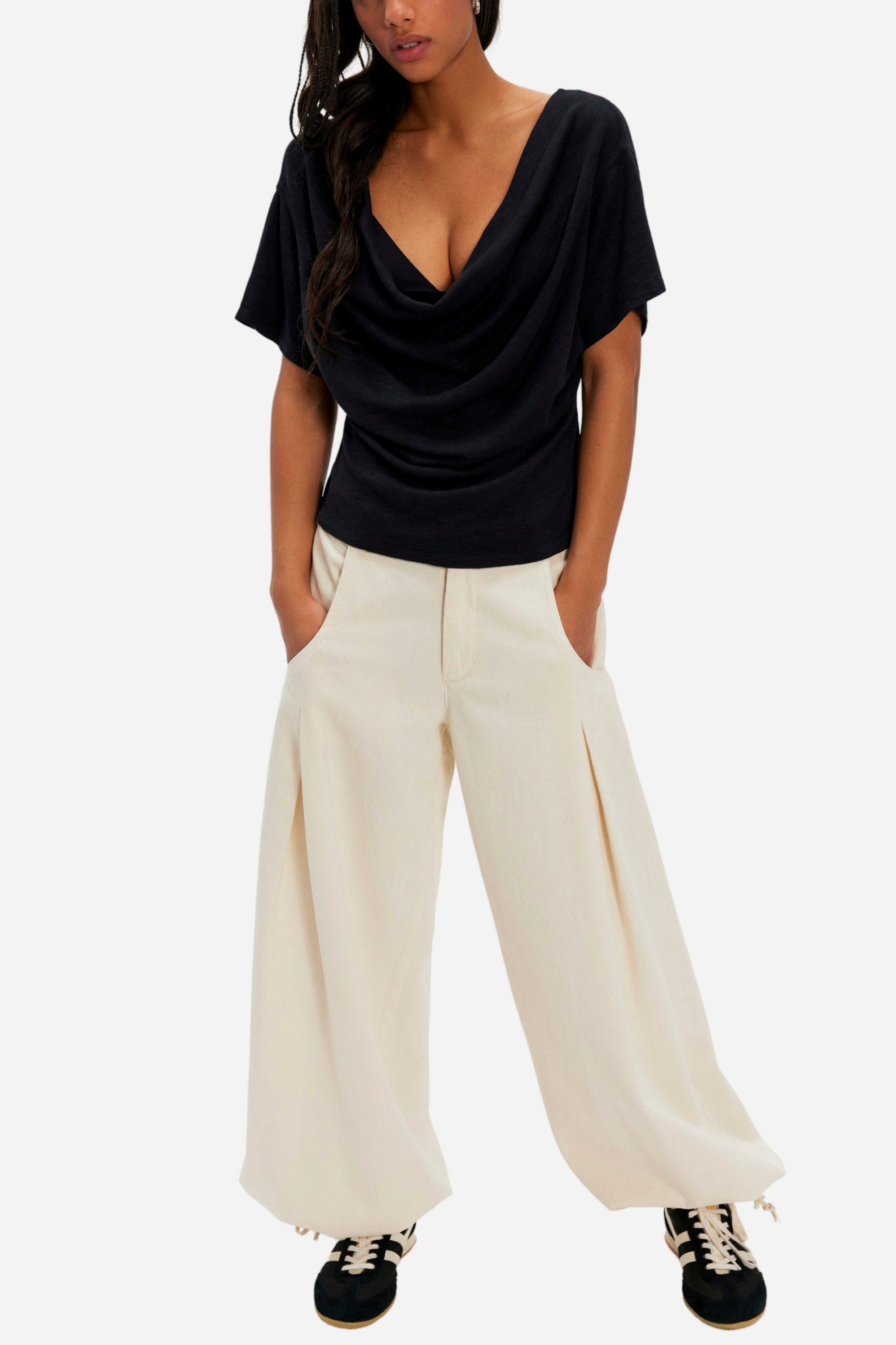 Free People Waterfall Cowl Neck Top - Black