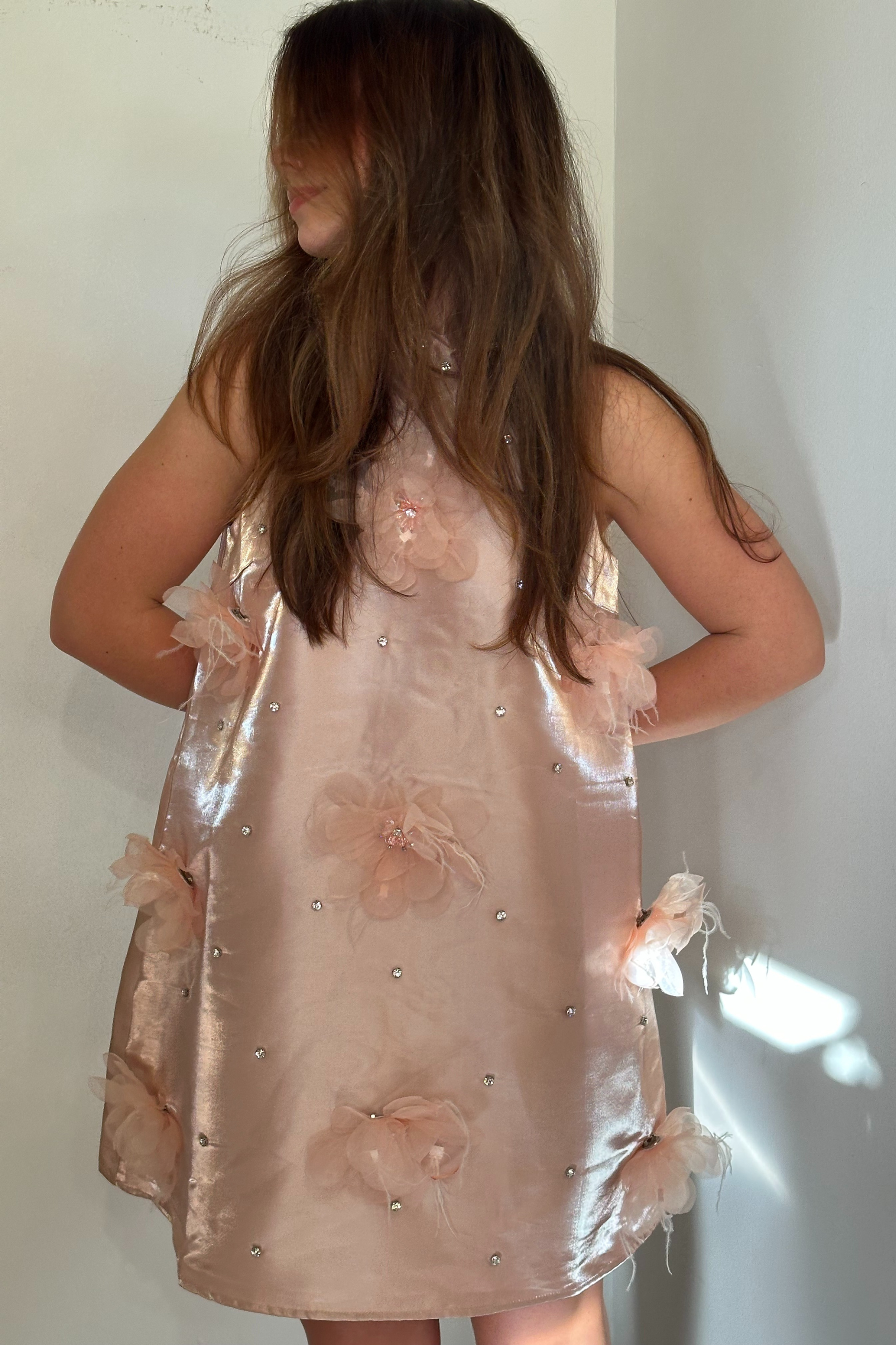 Satin Rhinestone Floral Mini Dress - Pink