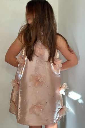 Satin Rhinestone Floral Mini Dress - Pink