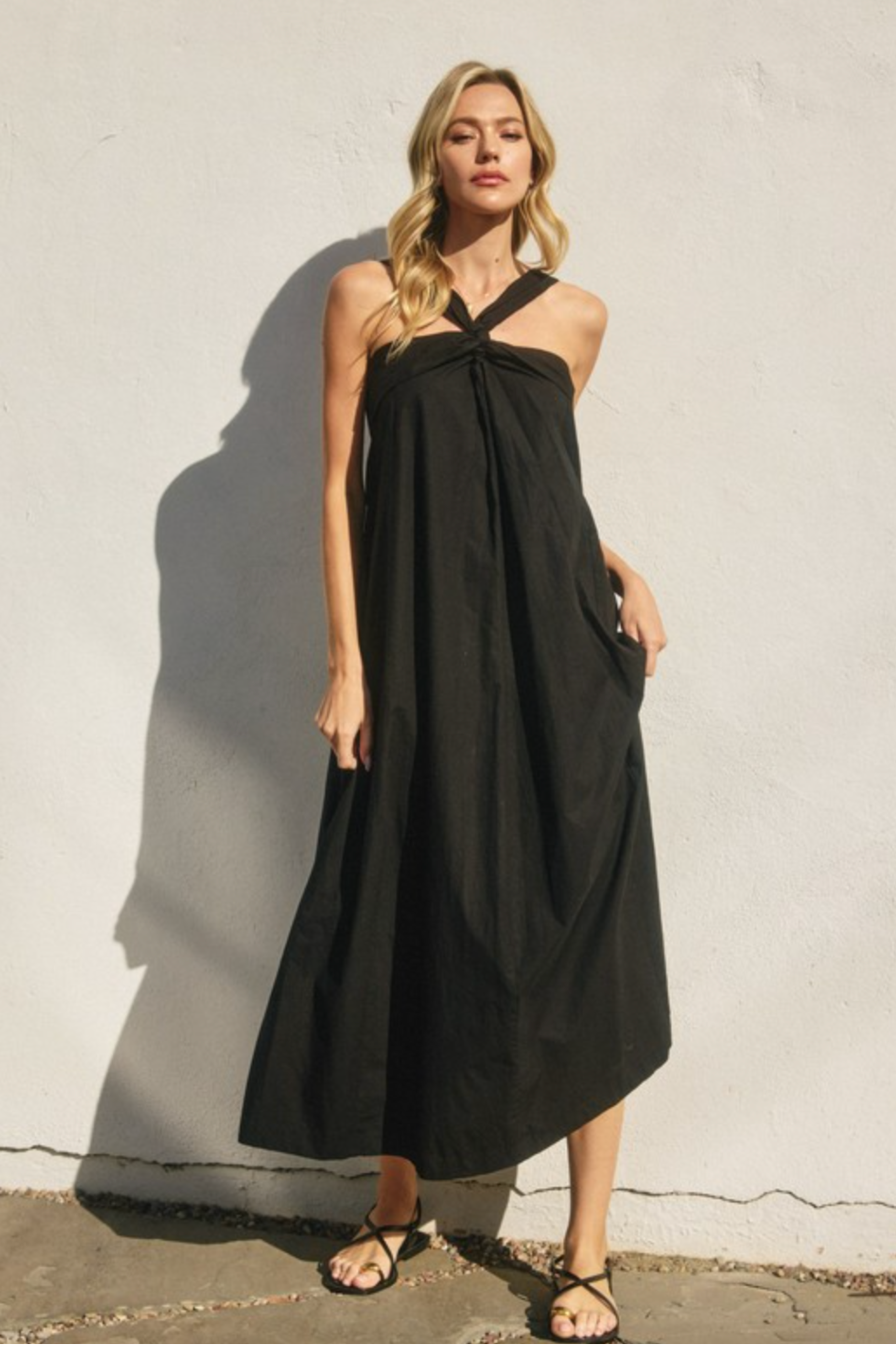 Cotton Halter Neck Maxi Dress - Black