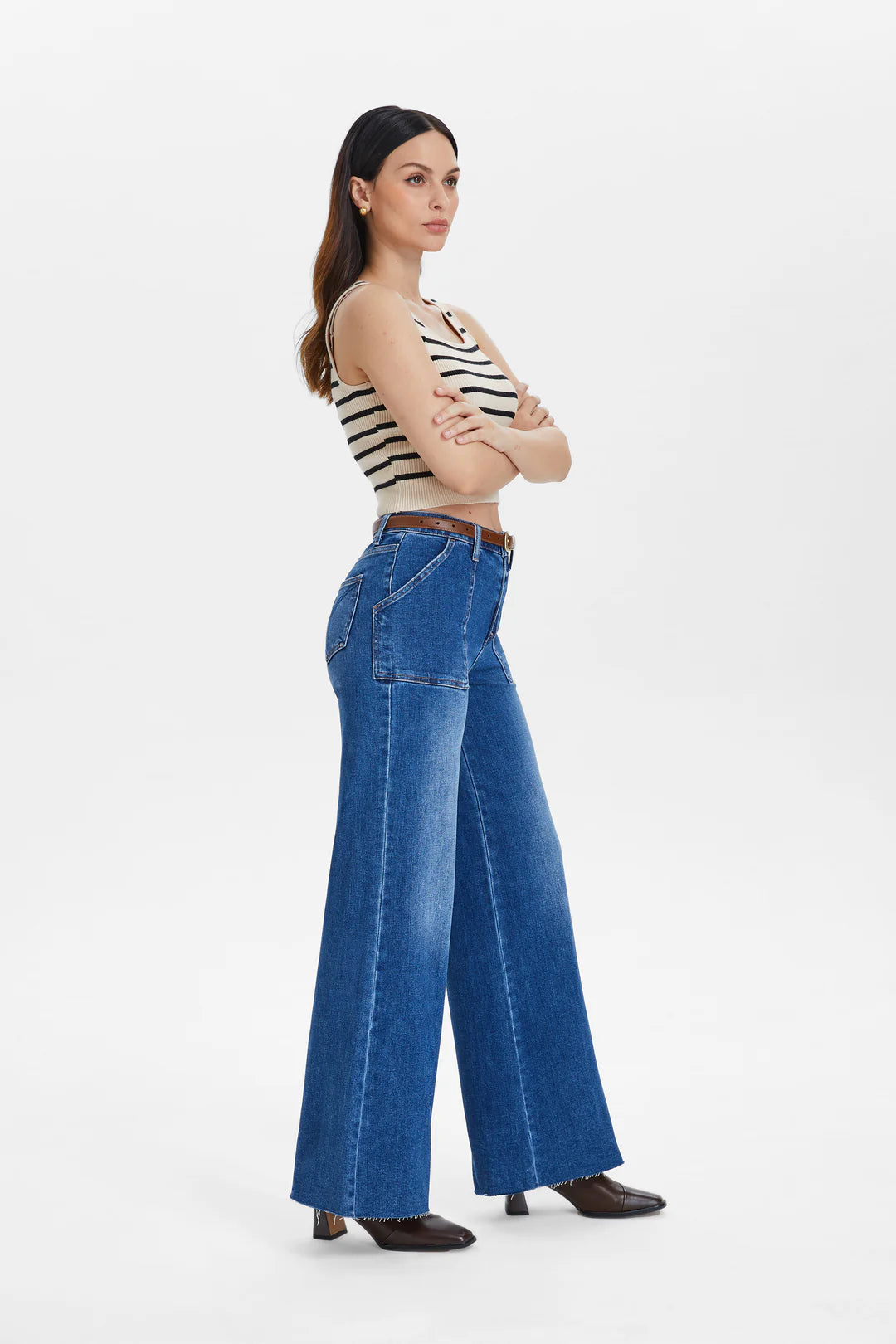 Utility Patch Pocket Wide Leg Jeans - Dark Indigo