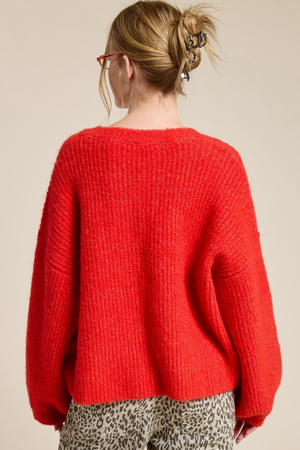 Balloon Sleeve Knit Cardigan - Scarlet