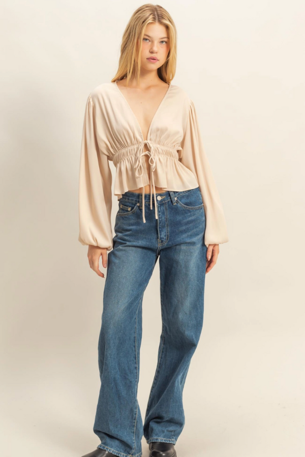 Deep V Peasant Blouse - Champagne