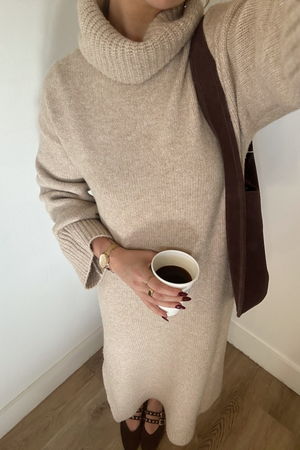 Cowl Neck Midi Sweater Dress - Sand